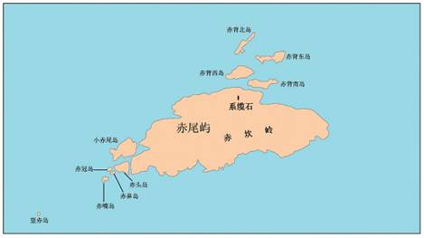 Mapa del islote Chiweiyu y las entidades geográficas a sus alrededores