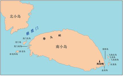 Mapa del islote Nanxiaodao y las entidades geográficas a sus alrededores